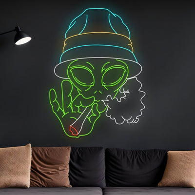 Custom Alien Smoking Cigars Neon Sign, Alien In Hat Led Sign, Cigarette Neon Lights, Smoke Led Light, Spaceship Lighting, Alien Wall Decor