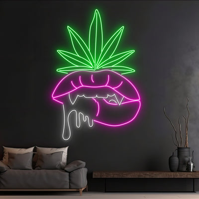 Custom Weed Leaf Dripping Lips Neon Light, Weed Melting Mouth Led Sign, Leaf Lip Bite Neon Sign, Smoke Vampire Lips Led Light, Lips Wall Art